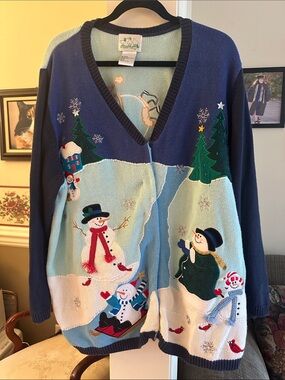 The Quacker Factory holiday snowman button down cardigan sweater